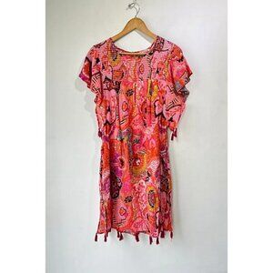 💕BANJANAN FREE PEOPLE💕 Red & Pink Printed Dress Tassels ~ 100% Cotton Large